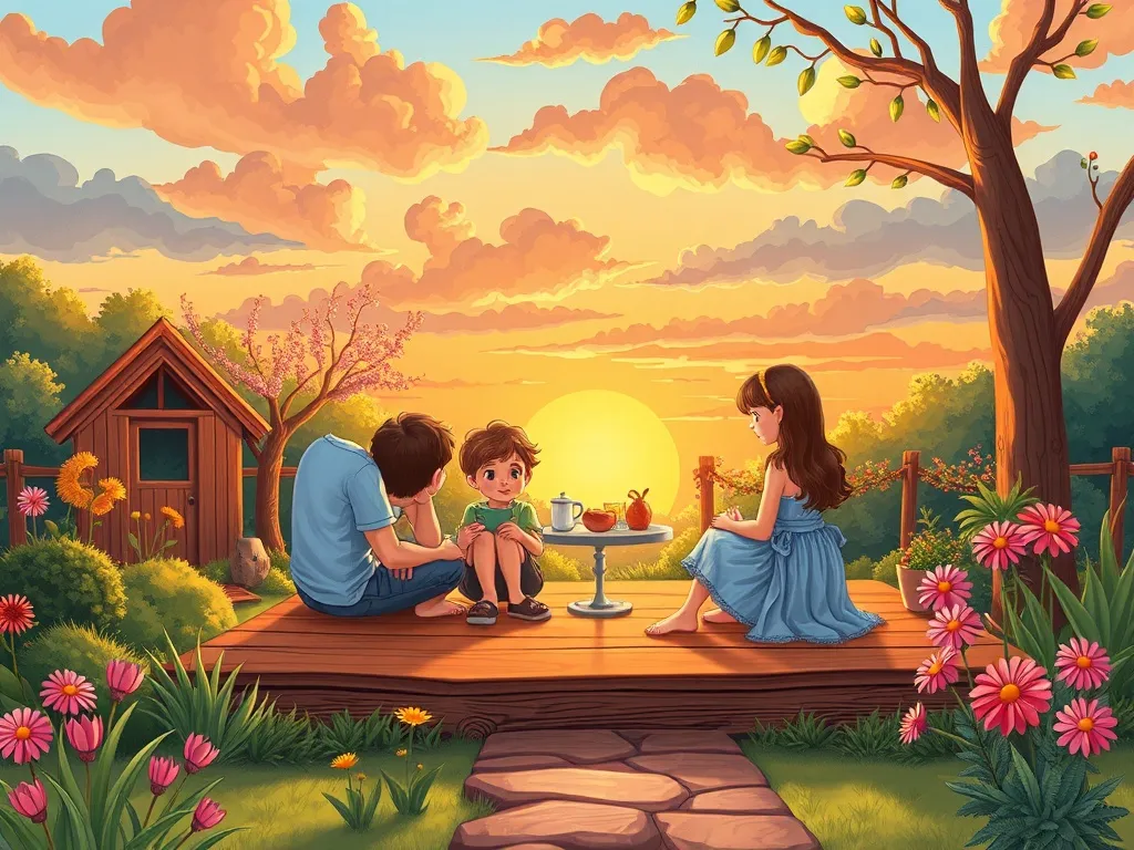Rusty's Treehouse Tales: Learning to Grow Together - Completed garden platform with friends enjoying sunset