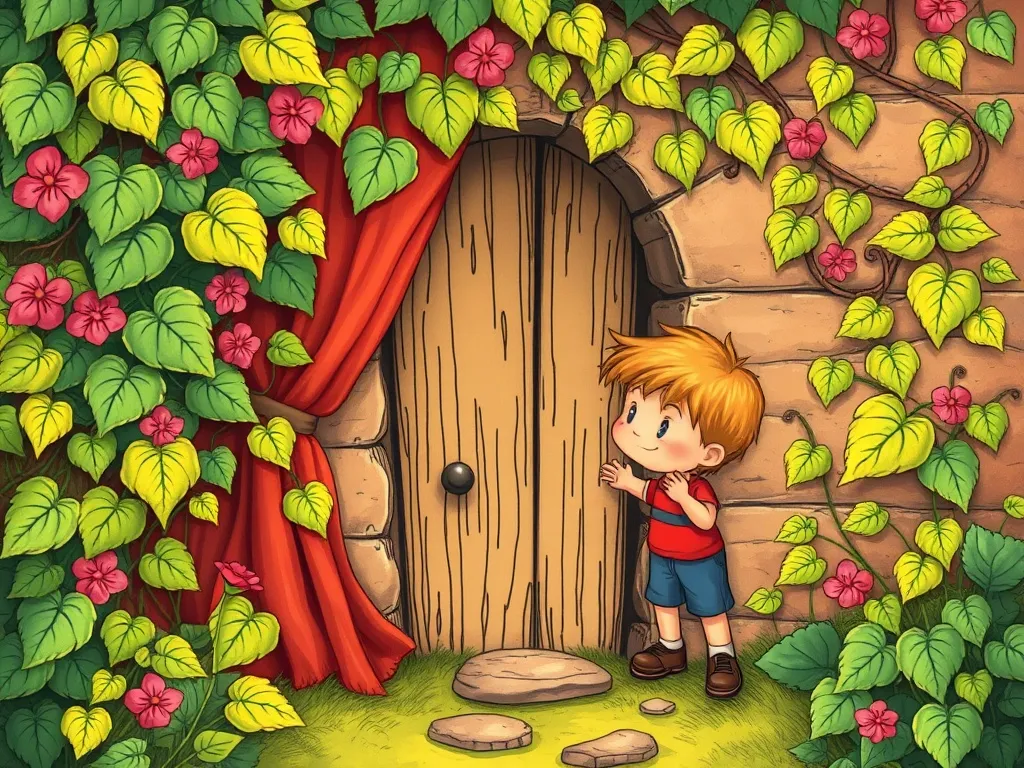 Sam's Secret Garden Science - Sam finds tiny door behind curtain of ivy