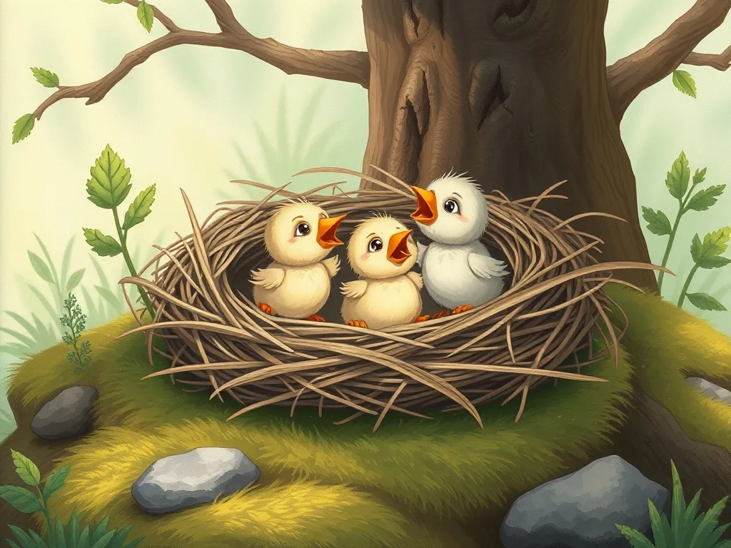 Shimmer and the Gentle Magic - Fallen nest with frightened baby birds on moss