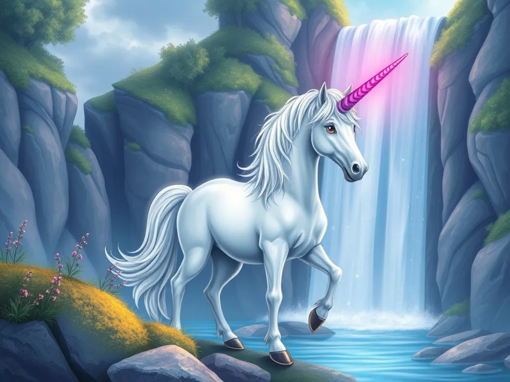 Shimmer and the Gentle Magic - Silver unicorn with violet glowing horn beside waterfall