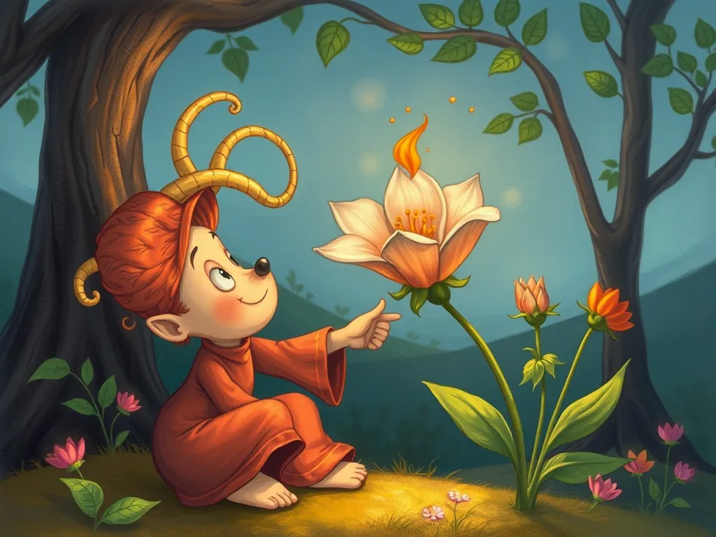 Shimmer and the Gentle Magic - Elderhorn making a wilted flower bloom again