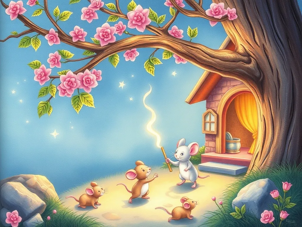 Shimmer and the Gentle Magic - Gentle pink magic lifting branch while mice hurry home