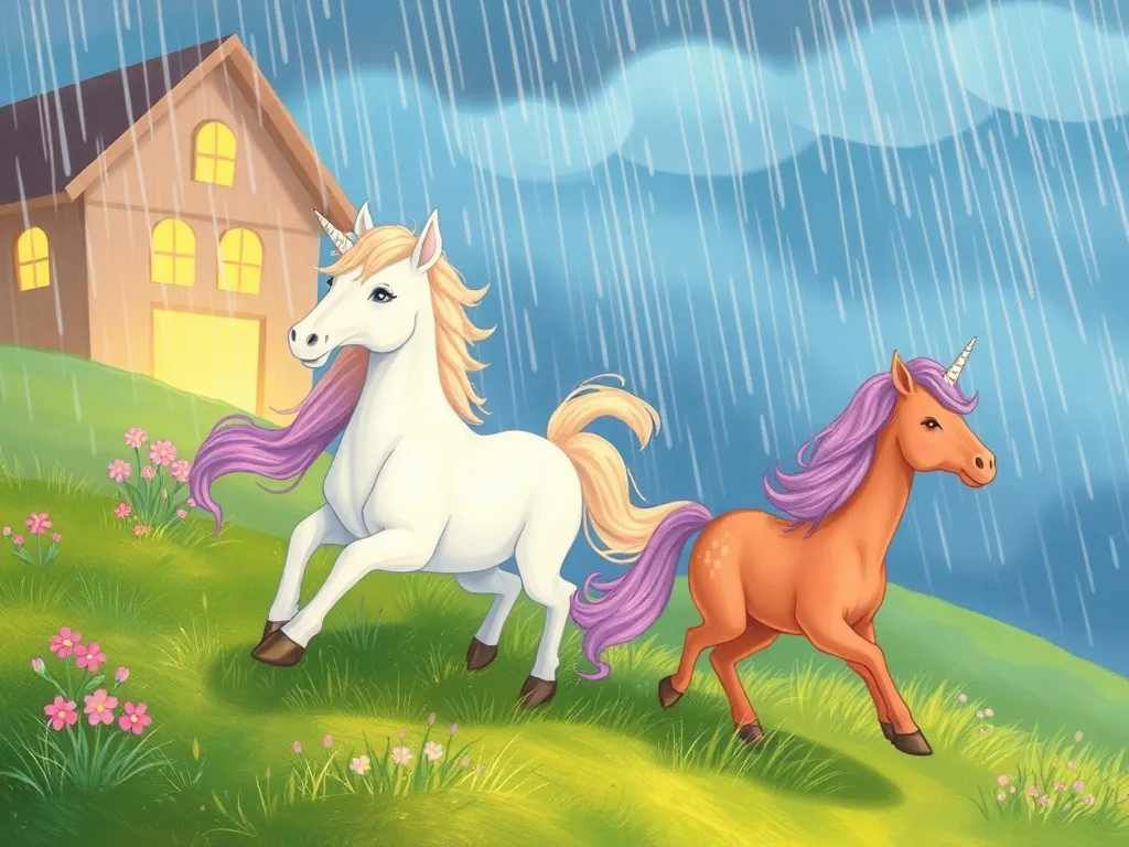 Shimmer Finds Her Sparkle - Shimmer searching in sudden rainstorm, unicorns running
