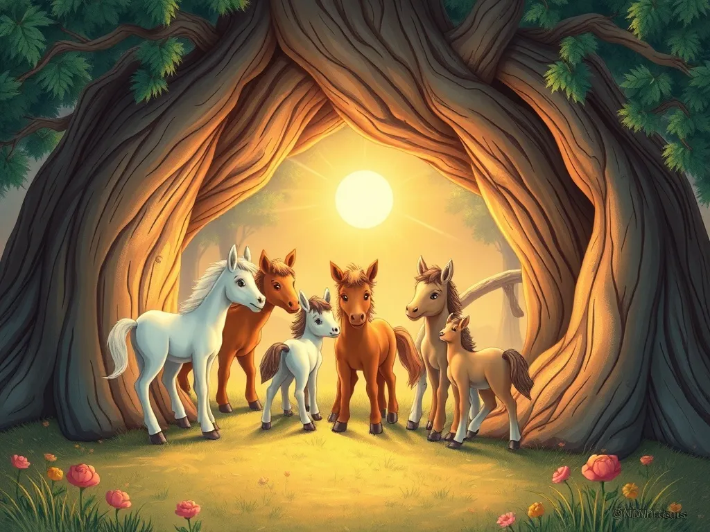 Shimmer Finds Her Sparkle - Foals gathered in cozy circle around Shimmer inside glowing oak