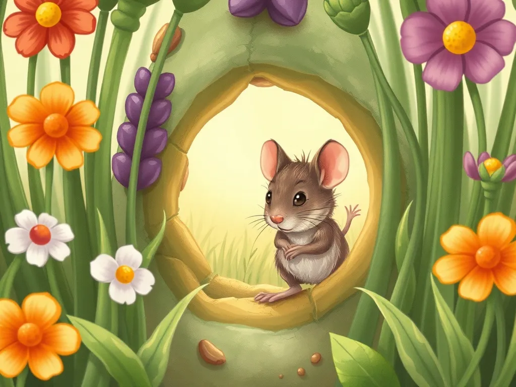 Shimmer's Discovery - Mouse exploring secret passages between wildflower stems