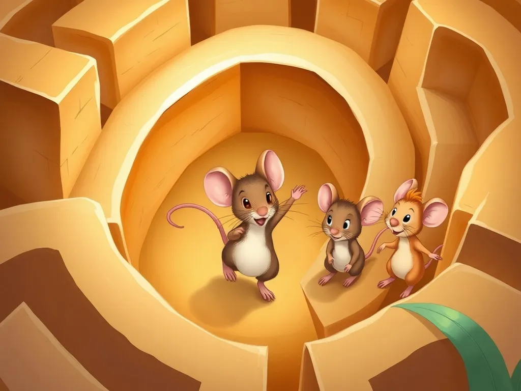 Shimmer's Discovery - Small mouse leading three other mice through the maze