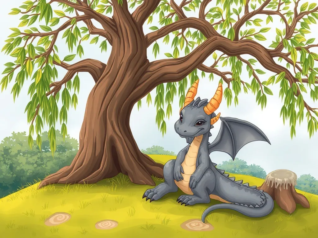 Shimmer's Gift - Small gray dragon sitting under ancient willow tree