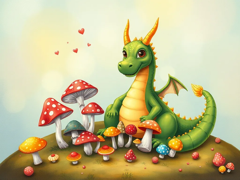 Shimmer's Gift - Colorful mushrooms sprouting in magical circle around dragon