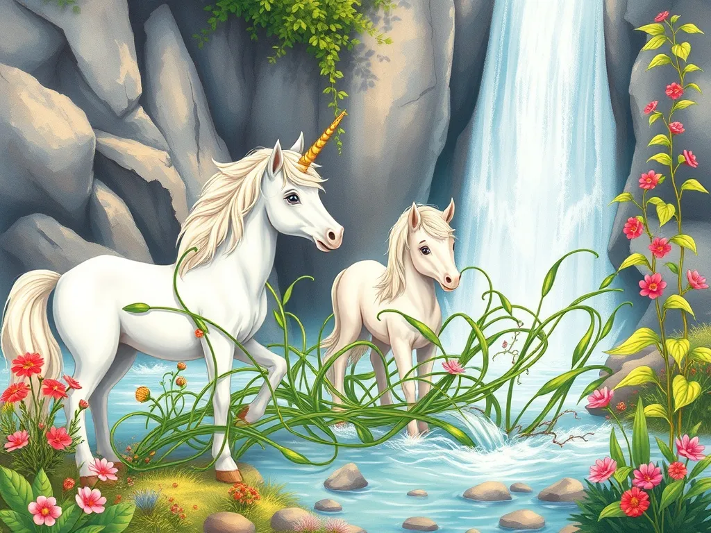 Shimmer's Gift - Wild plants tangling around unicorn foals near waterfall