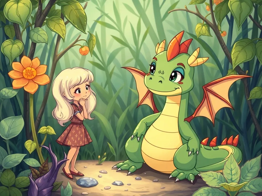 Shimmer's Gift - Shimmer standing calmly beside worried dragon among overgrown plants