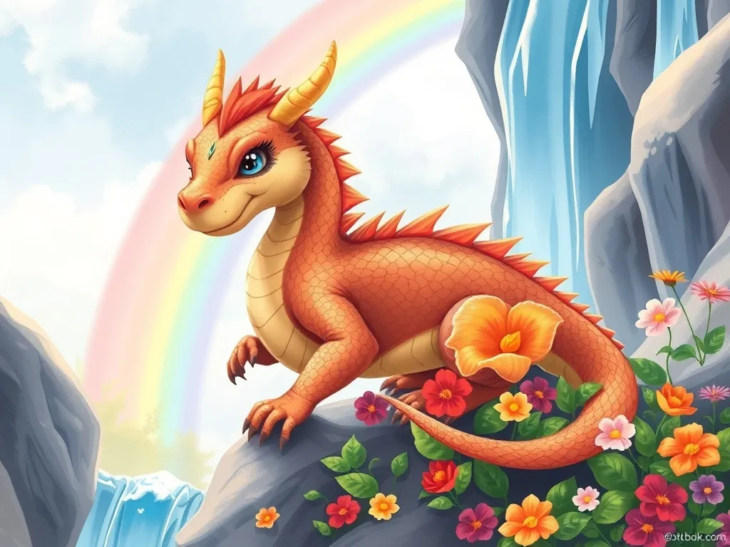 Shimmer's Gift - Dragon carefully growing rainbow flowers along crystal waterfall