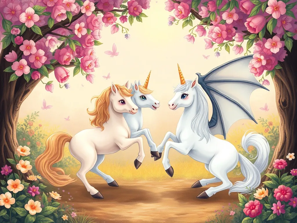 Shimmer's Gift - Unicorn foals and dragon playing together in blooming enchanted grove