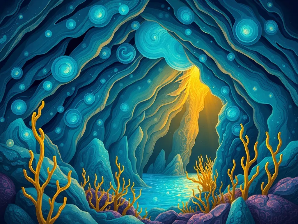 Shimmer's Song - The magnificent pearl cave with swirling bioluminescent patterns and golden kelp entrance