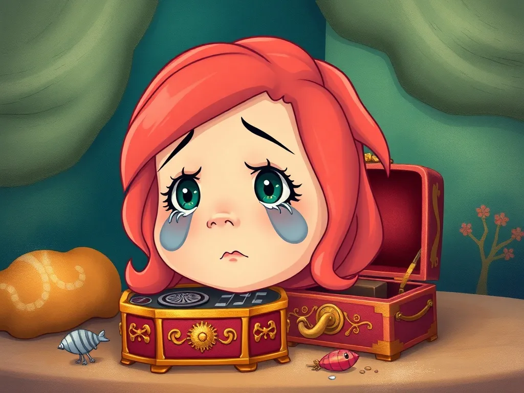 Shimmer's Song - Coral's tear-streaked face beside her broken music box