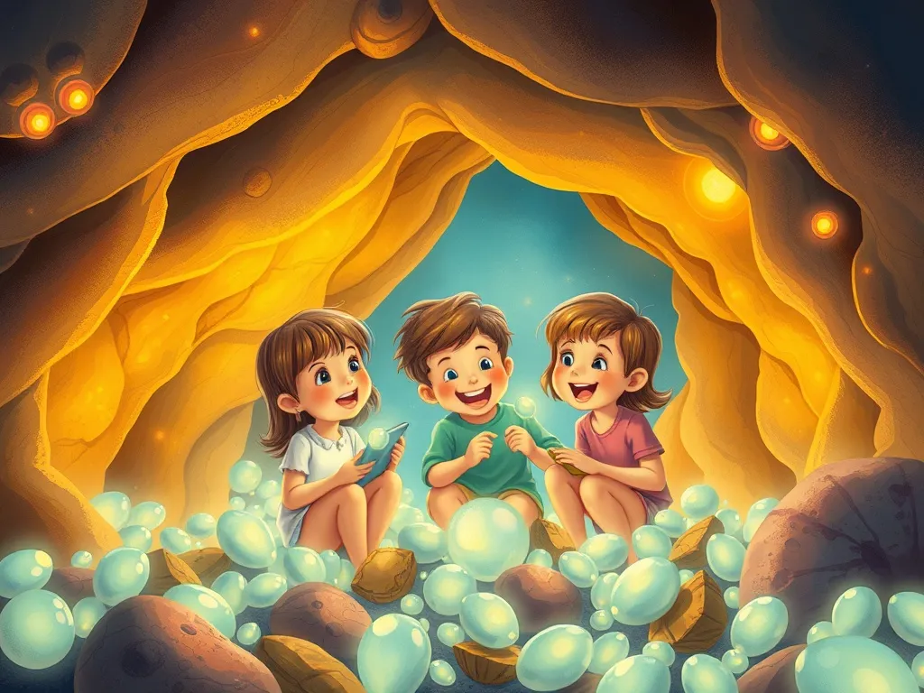 Shimmer's Song - The pearl cave filled with laughing friends examining treasures together in warm bioluminescent glow