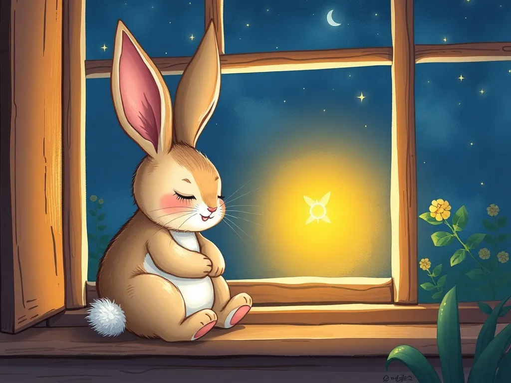 Sleepy Bunny's Moonlight Discovery - Sleepy Bunny at window watching a glowing firefly
