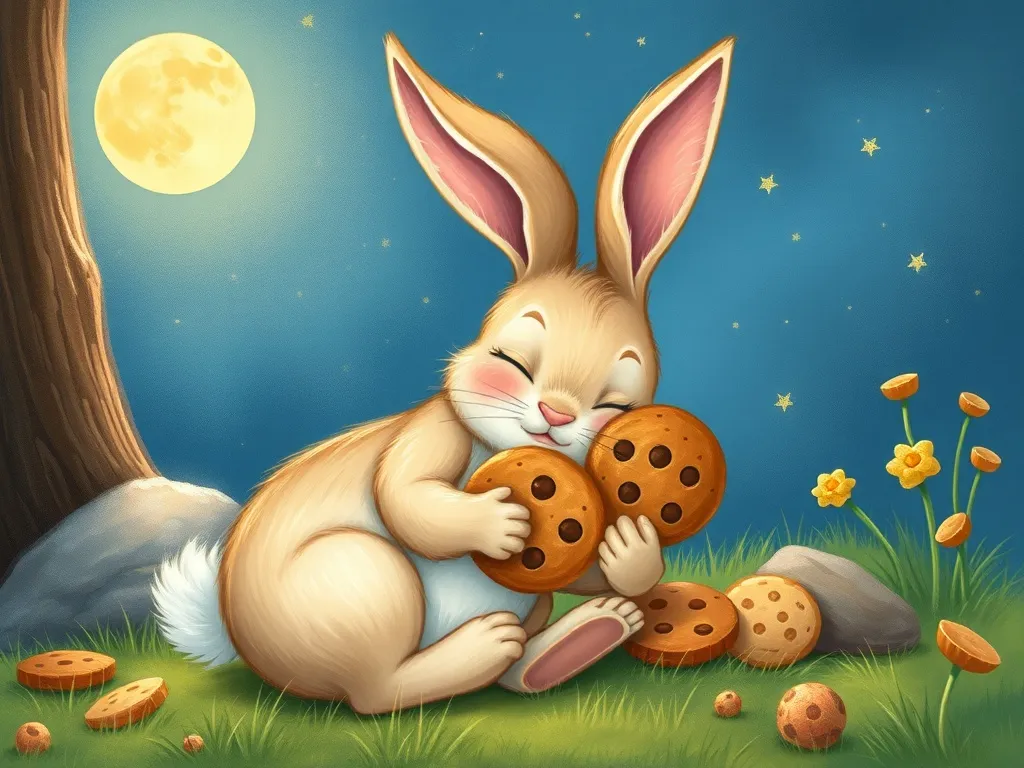 Sleepy Bunny's Moonlight Discovery - Sleepy Bunny under the moonlight holding cookies close