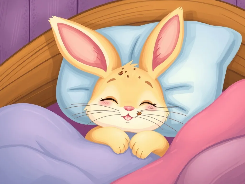 Sleepy Bunny's Moonlight Discovery - Sleepy Bunny in bed with cookie crumbs on whiskers