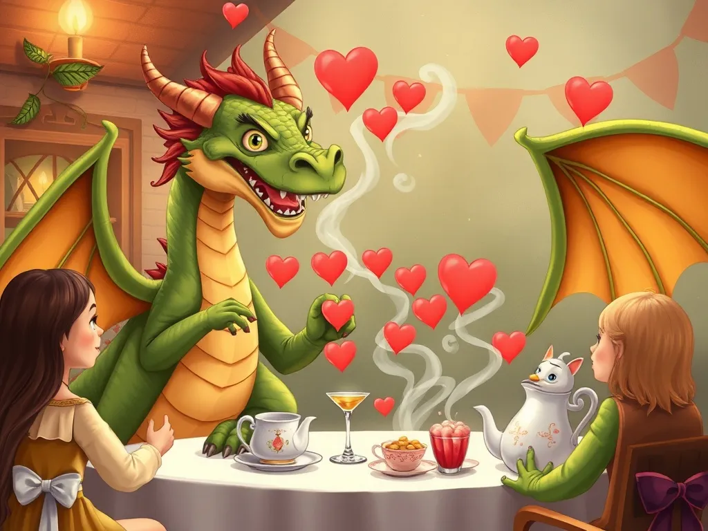 Sparkle and the Garden Dragon's Rainbow - Dragon accidentally creating smoke hearts at tea party
