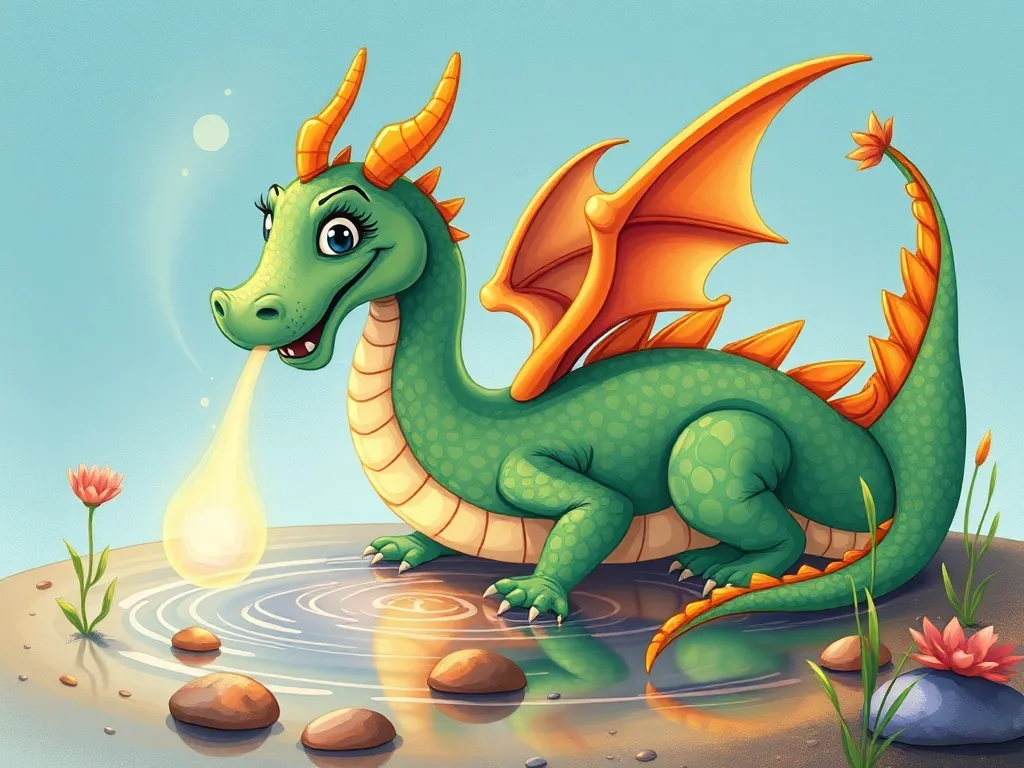 Sparkle and the Garden Dragon's Rainbow - Dragon carefully warming pond with gentle breath