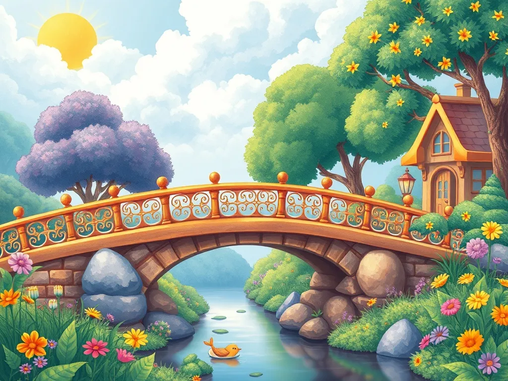 Sparkle and the Garden Dragon's Rainbow - Rainbow bridge spanning magical garden