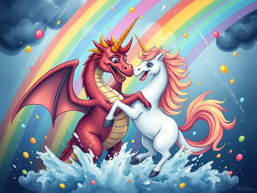 Sparkle and the Storm Dragon: A Tale of Unexpected Friendship - Storm dragon and unicorn colliding in shower of rainbow droplets