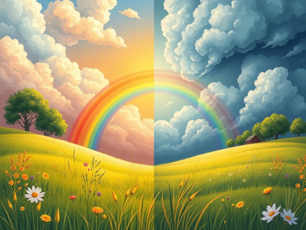 Sparkle and the Storm Dragon: A Tale of Unexpected Friendship - Meadow divided - sunny rainbows on one side, storm clouds on other