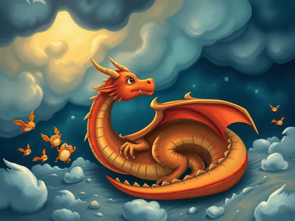 Sparkle and the Storm Dragon: A Tale of Unexpected Friendship - Dragon curled up in storm while creatures step away