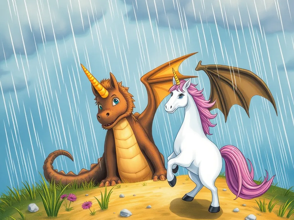 Sparkle and the Storm Dragon: A Tale of Unexpected Friendship - Unicorn approaching dragon through rain with glowing horn