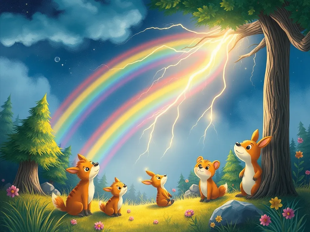 Sparkle and the Storm Dragon: A Tale of Unexpected Friendship - Rainbow-lightning display illuminating amazed woodland creatures