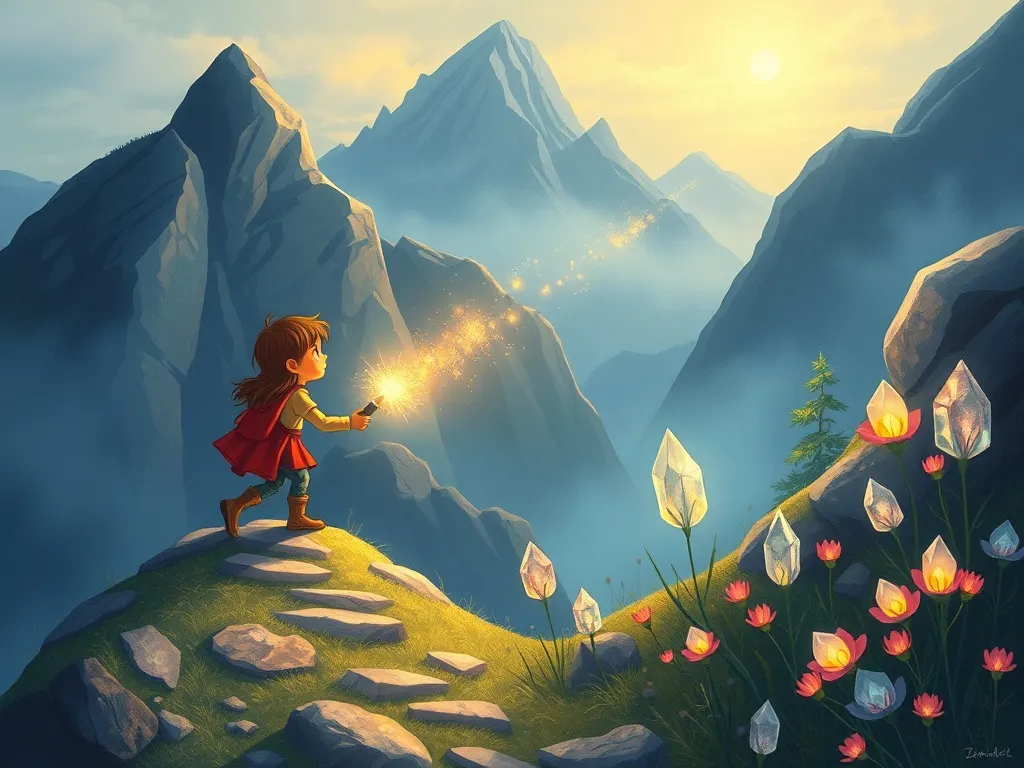 Sparkle and the Symphony of Wings - Sparkle walking along a misty mountain trail, horn illuminating crystal flowers