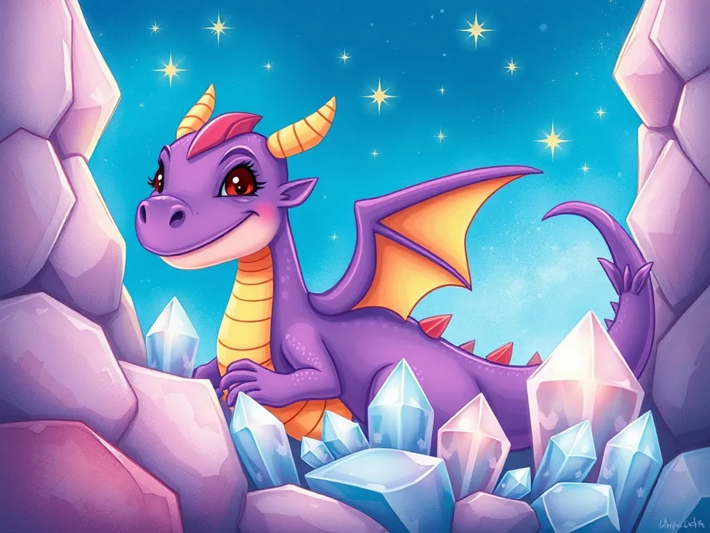 Sparkle and the Symphony of Wings - Small purple dragon partially hidden behind sparkling crystals