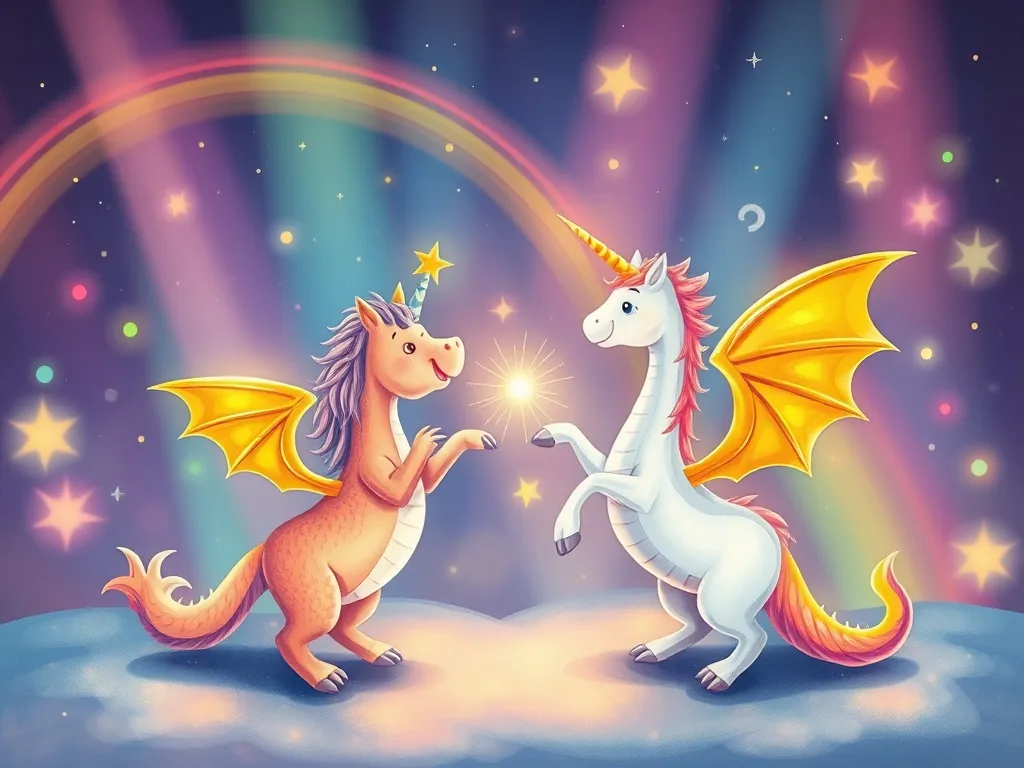 Sparkle and the Symphony of Wings - Rainbow lights swirling as unicorn and dragon perform duet