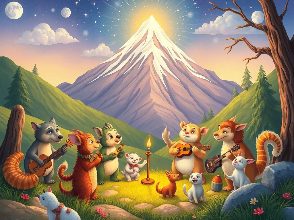 Sparkle and the Symphony of Wings - Valley creatures joining magical music celebration under mountain