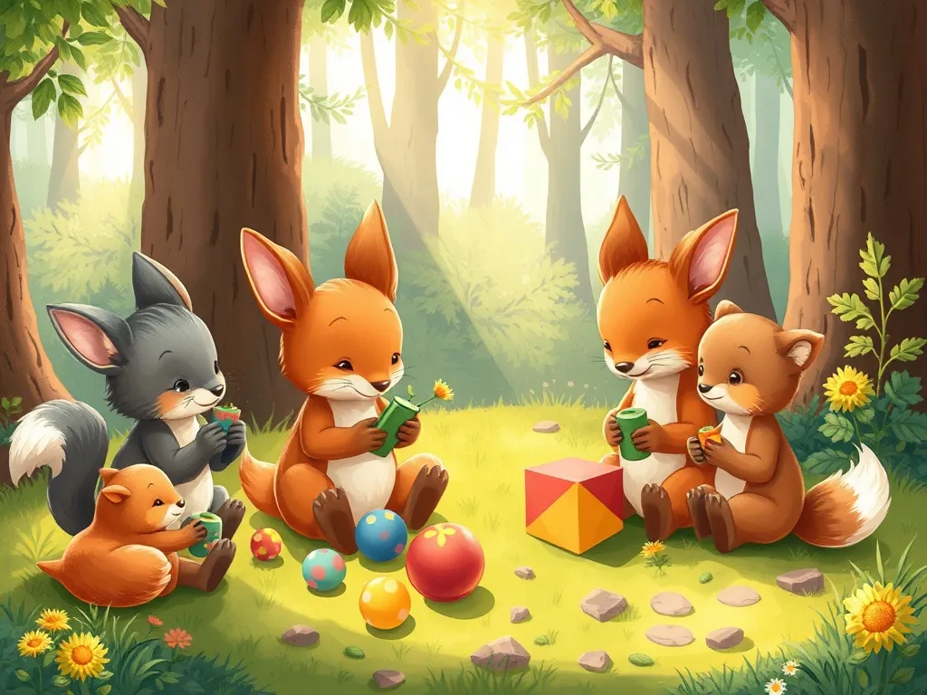 Sparkle's Sharing Symphony - Woodland creatures sharing toys in sun-dappled forest clearing