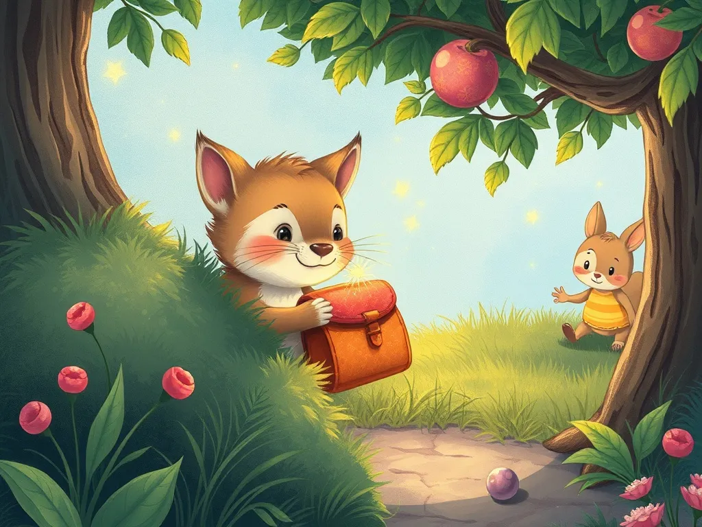 Sparkle's Sharing Symphony - Sparkle hiding behind bush, holding pouch protectively while others play