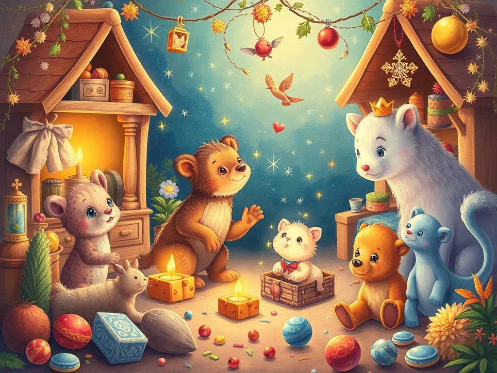 Sparkle's Sharing Symphony - Animals and Sparkle creating elaborate play scene with combined treasures