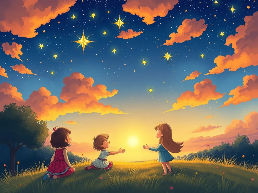 Sparkle's Sharing Symphony - Sparkle and friends beneath sunset sky, sharing one final star display