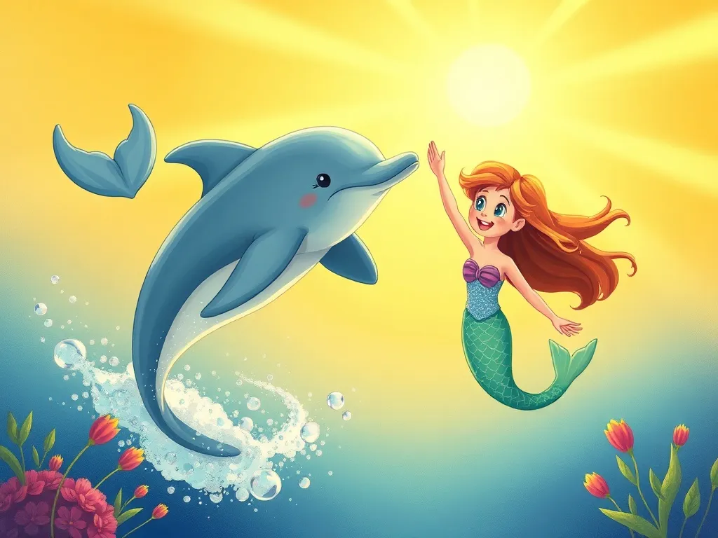 Splash and the Pearl Cave Mystery - Dolphin and mermaid celebrating in golden sunlight