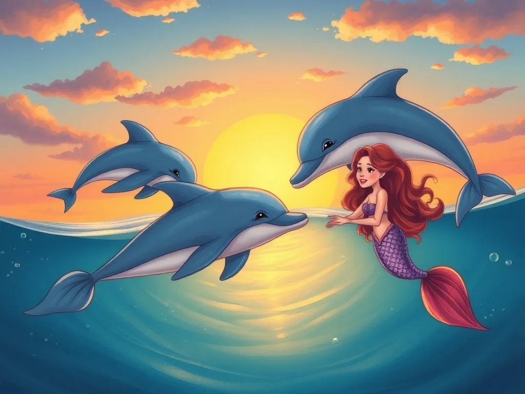 Splash and the Pearl Cave Mystery - Dolphin and mermaid families swimming together at sunset