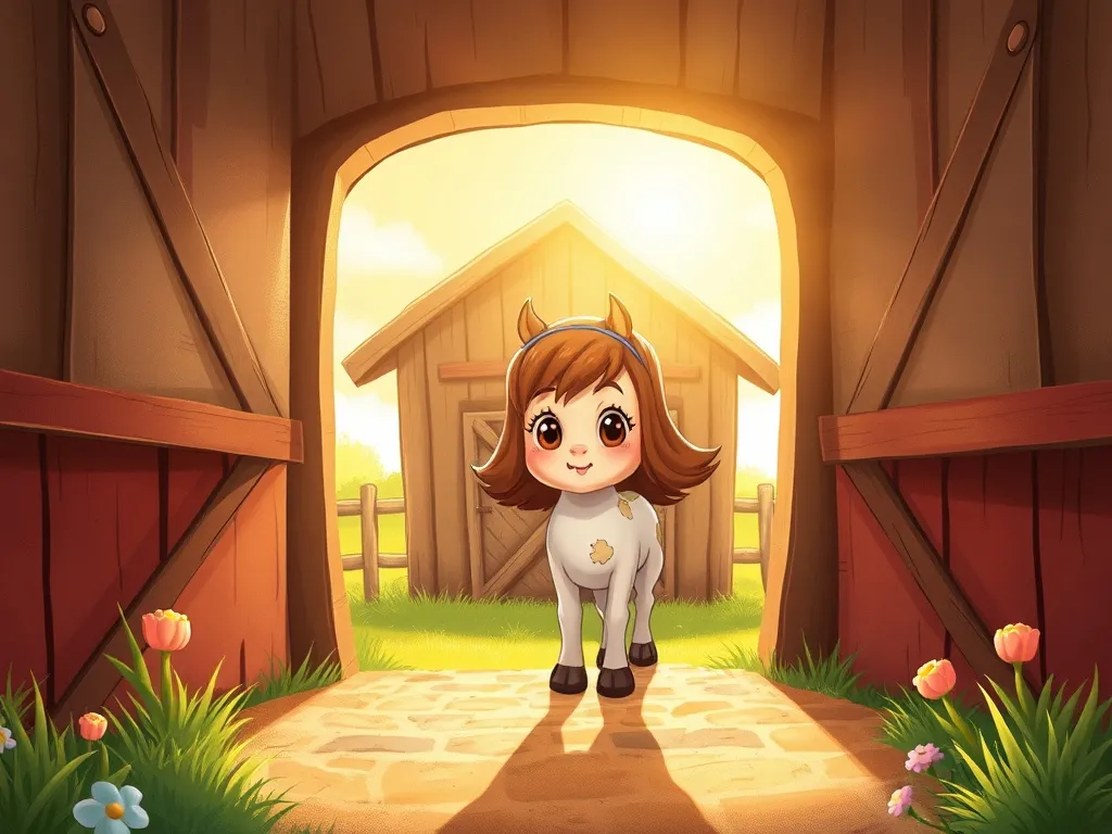 Stella's Sparkle - Stella emerging from barn into bright sunlight, looking vulnerable