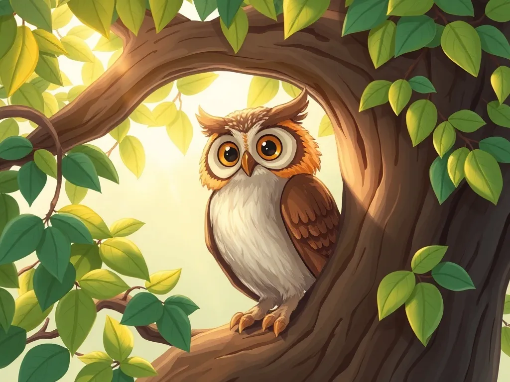 Stella's Sparkle - Wise Owl in oak hollow with afternoon light filtering through leaves