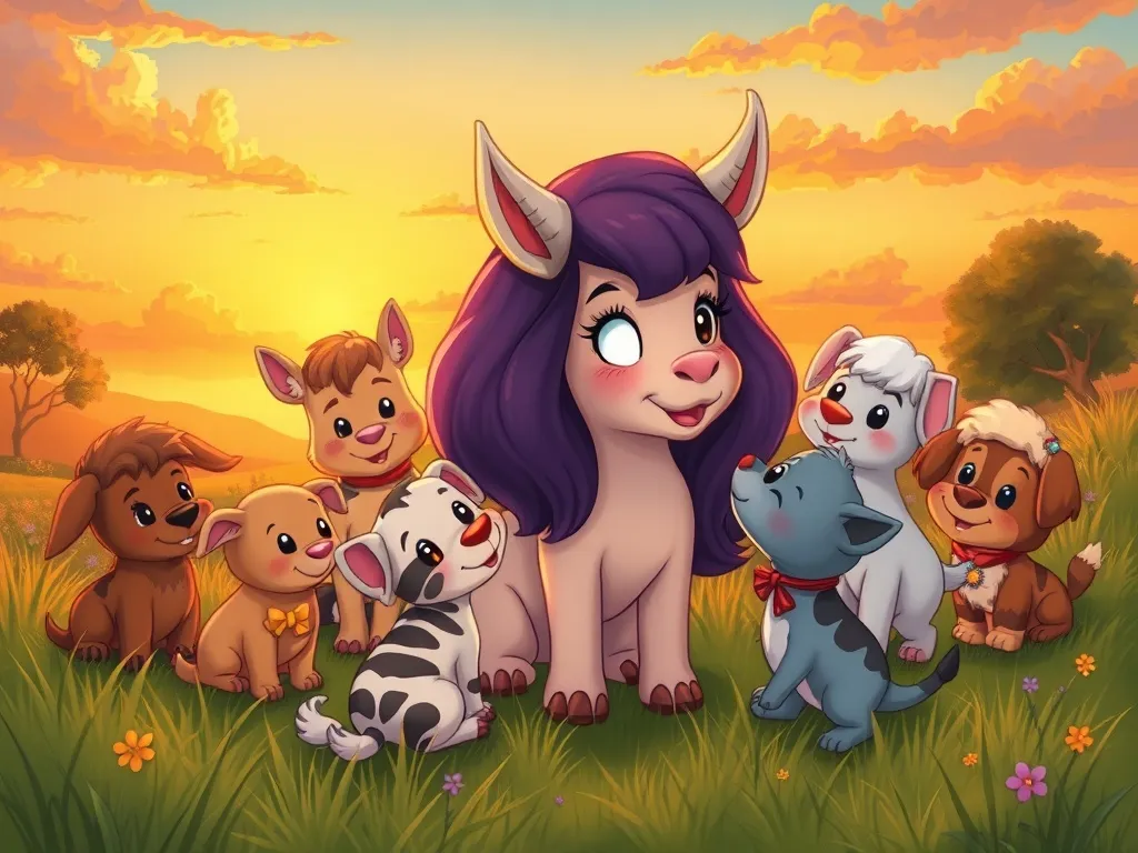 Stella's Sparkle - Stella surrounded by friends at sunset, horn glowing softly again