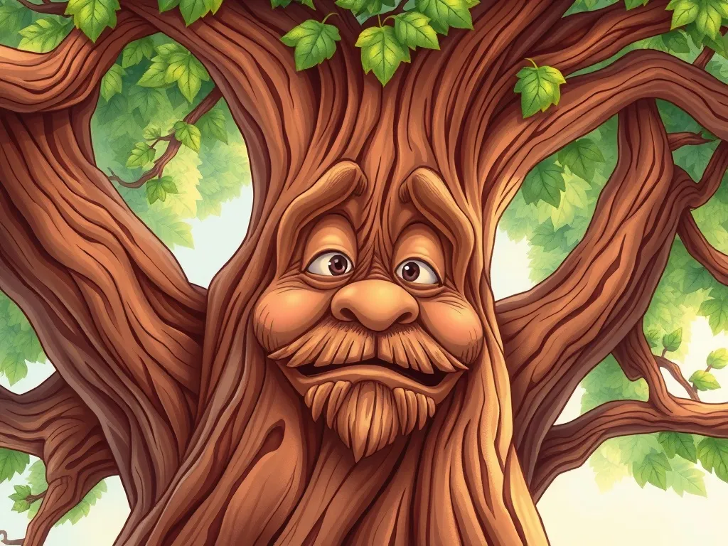 Sunny and the Shy Violet - Oak tree's gnarled face gazing down wisely