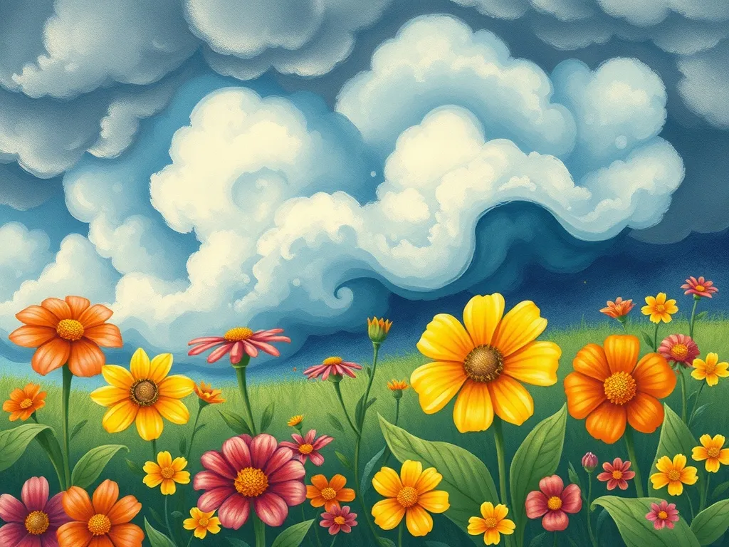 Sunny and the Shy Violet - Rain clouds above bending garden flowers