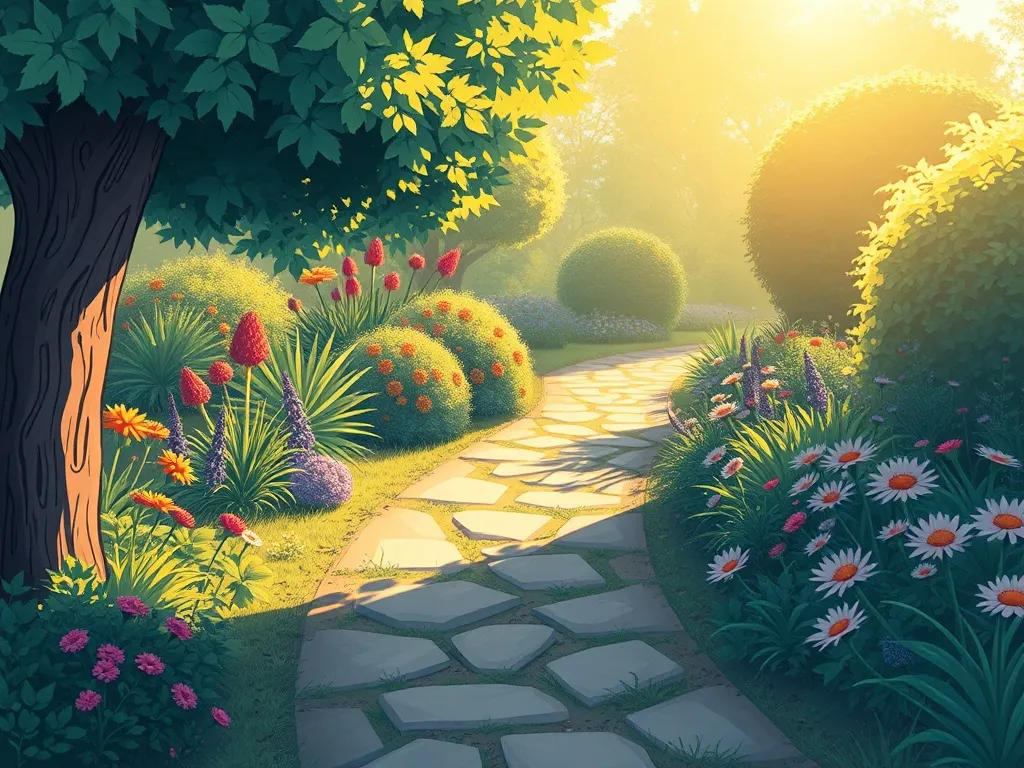 Sunny and the Shy Violet - Garden path where sunlight and shade meet