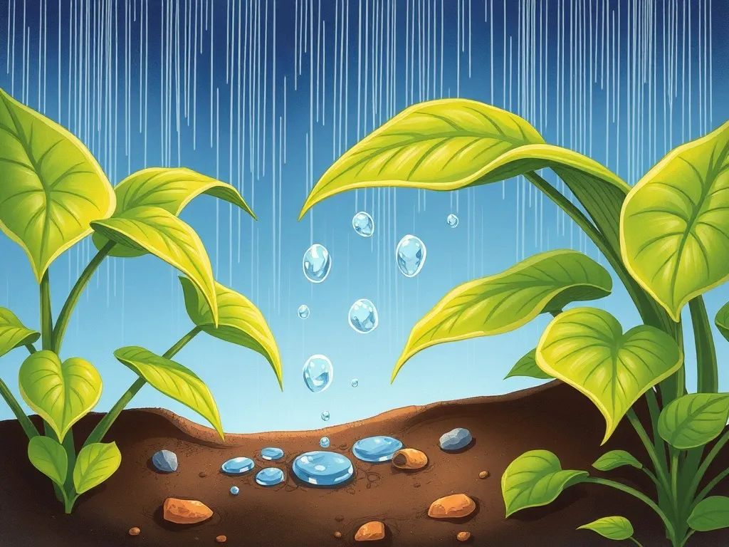 Sunny and the Spotted Stranger - Curved leaves channeling raindrops into soil