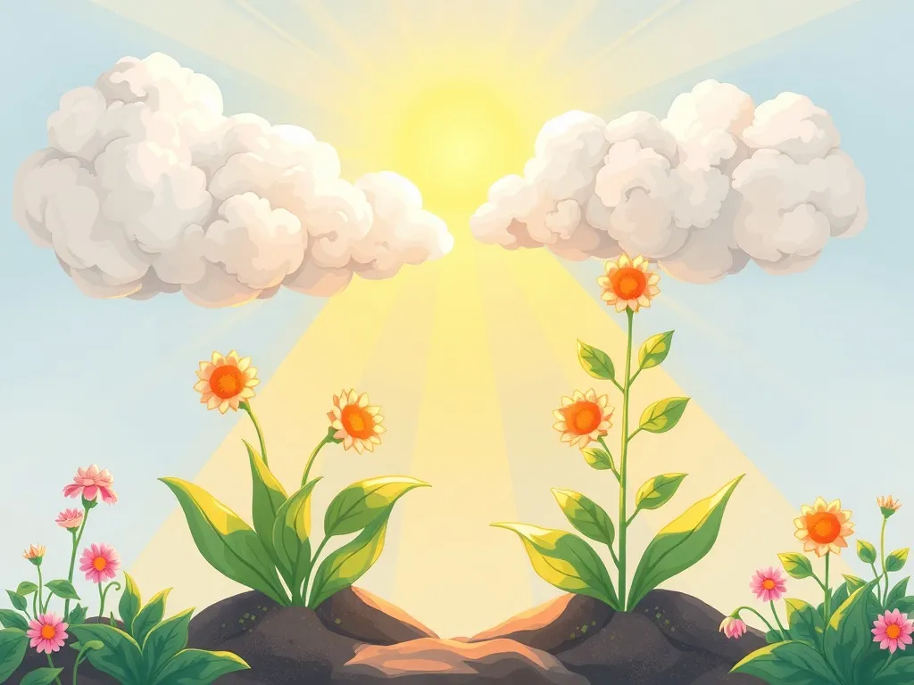 Sunny and the Spotted Stranger - Sunlight breaking through clouds onto both plants