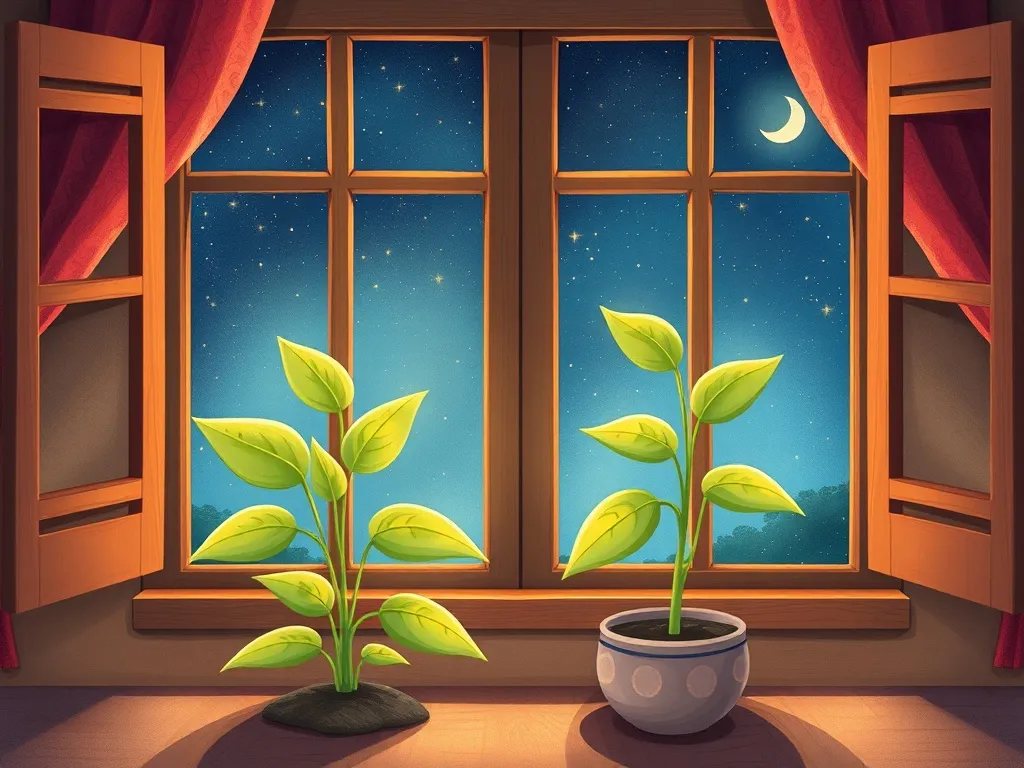 Sunny and the Spotted Stranger - Two plants side by side against starlit window