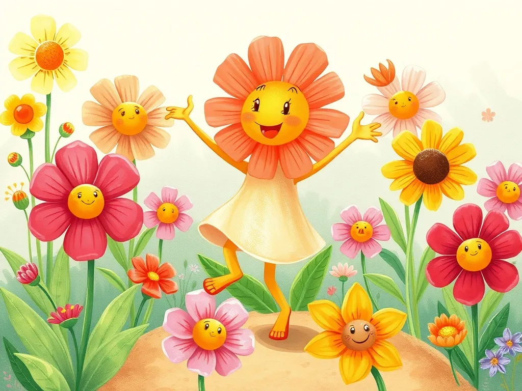 Sunny's Dance with the Wind - Garden flowers celebrating Sunny's unique bouncing dance